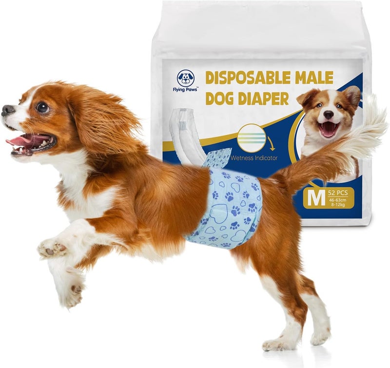 Flying Paws Male Dog Diapers with Wetness Indicator, Disposable Belly Band for Puppy Male Diapers, Doggie Wraps for Puppy Training, Incontinence (M, 52 Count) - Image 1